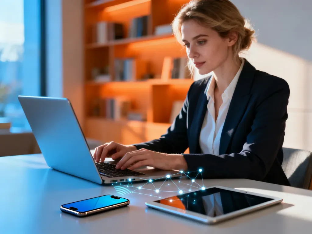 Kobieta pracująca w nowoczesnym biurze, gdzie laptop, tablet i smartfon łączą się bezprzewodowo, obrazując proces synchronizacji.