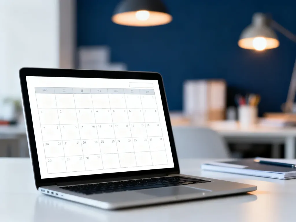 Nowoczesny laptop z pustym kalendarzem na ekranie, symbolizujący planowanie zadań i terminów typu TBD.
