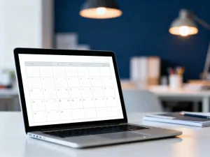 Mężczyzna skupiony na notowaniu celów w planerze przy minimalistycznym biurku w nowoczesnym biurze.