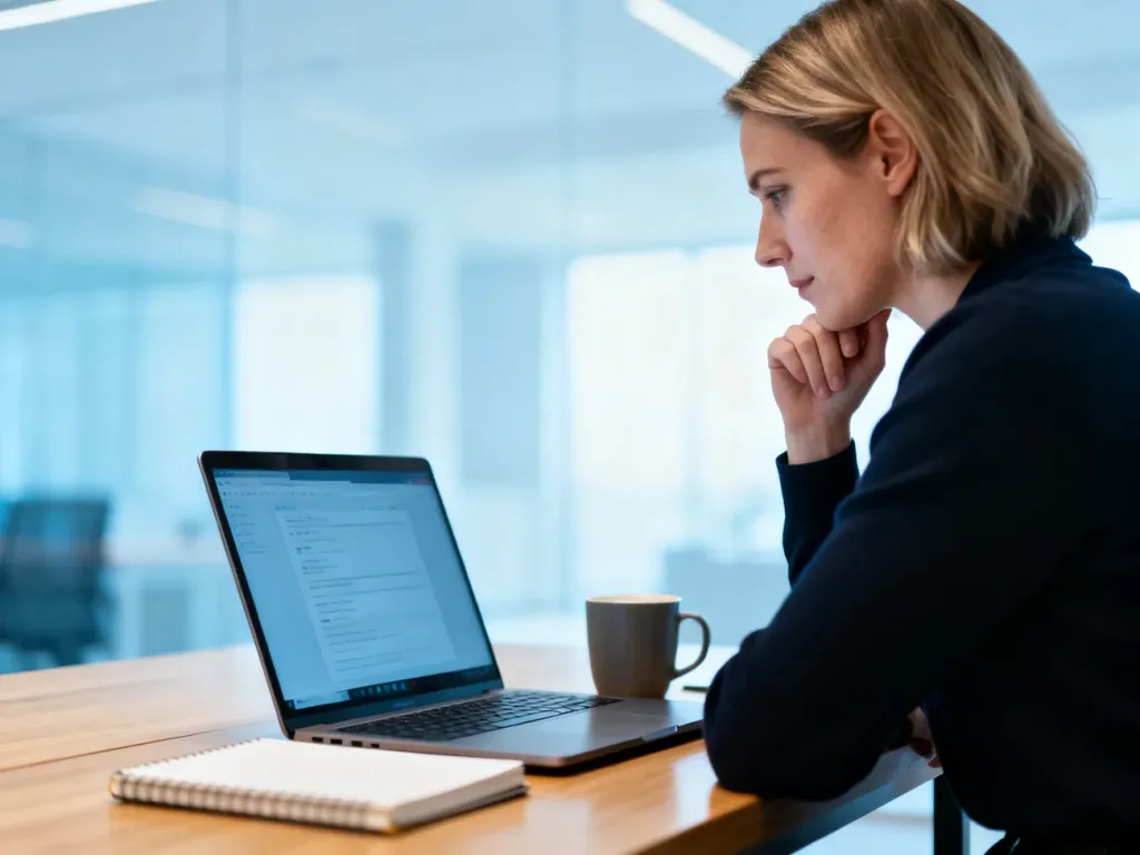Kobieta pracująca przy laptopie w nowoczesnym biurze, symbolizująca profesjonalną komunikację e-mailową.