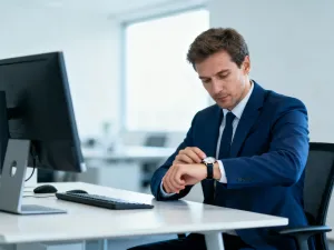 Biznesmen analizujący wykresy finansowe na laptopie w nowoczesnym biurze, ilustrujący proces obliczania wskaźnika ROI.