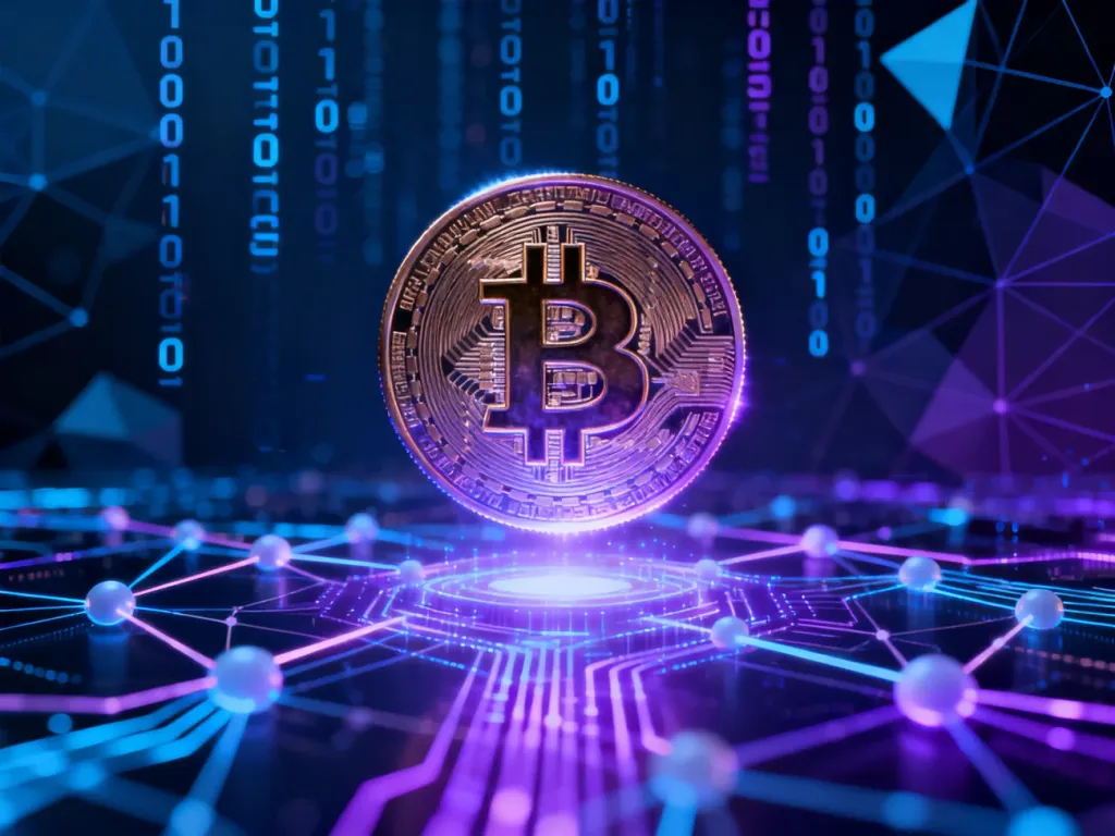Świecący symbol Bitcoina unoszący się nad cyfrową siecią połączeń, symbolizujący technologię kryptowalut.