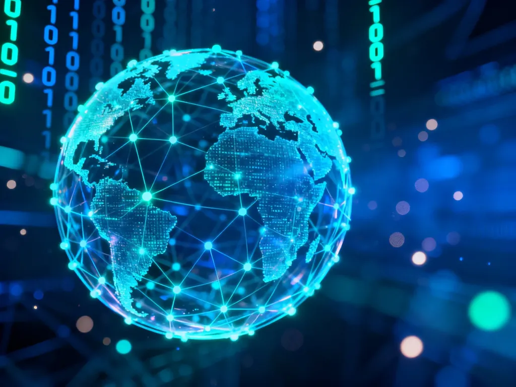 Świetlisty glob z cyfrową siecią połączeń, symbolizujący globalny zasięg domen internetowych w przestrzeni cyfrowej.