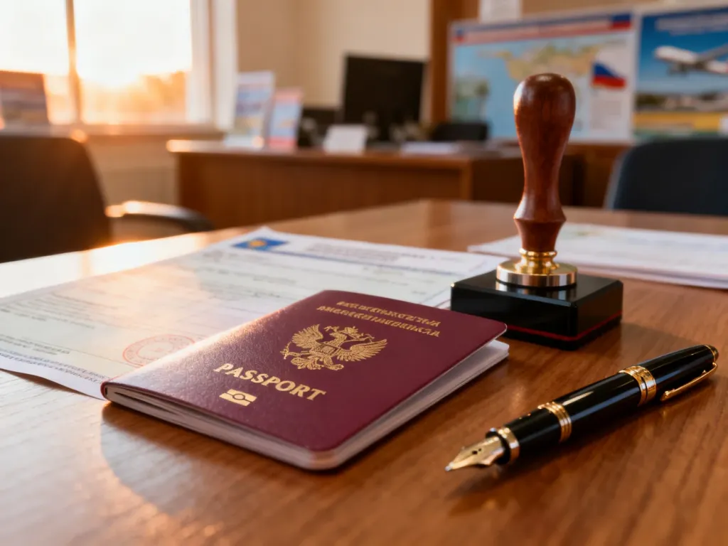 Biometryczny paszport leżący na drewnianym stole obok pióra, symbolizujący przygotowania do podróży i formalności.