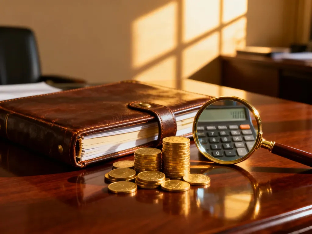 Zabytkowa księga rachunkowa, monety i lupa na biurku, symbolizujące profesjonalne rozliczenia finansowe i księgowość.