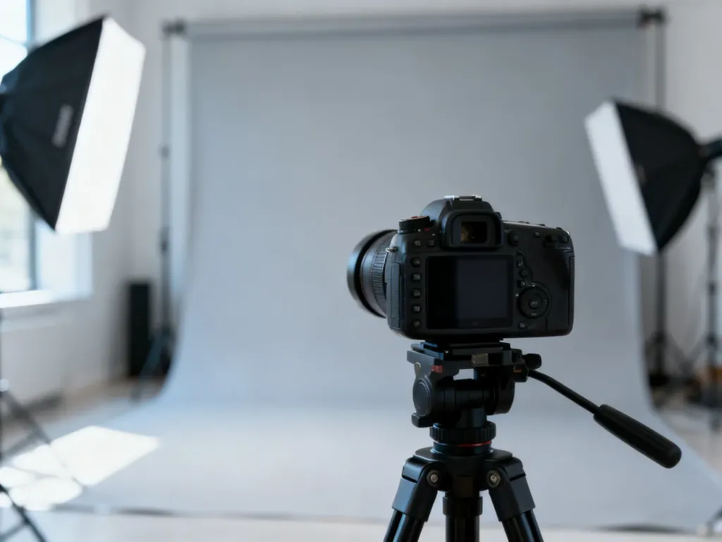 Profesjonalne studio fotograficzne z aparatem na statywie i jasnym tłem, przygotowane do wykonania zdjęcia paszportowego.
