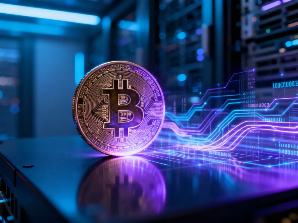 Świecąca moneta Bitcoin na tle cyfrowych ścieżek danych i serwerowni, symbolizująca technologię blockchain.