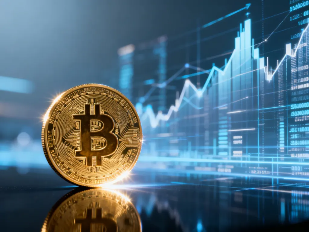 Złota moneta Bitcoin na ciemnym tle z cyfrowymi wykresami finansowymi, symbolizująca nowoczesną kryptowalutę.