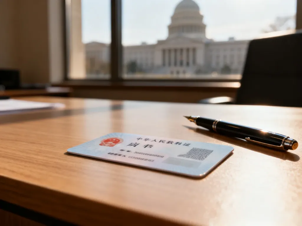 Biometryczny dowód osobisty leżący na biurku obok pióra, symbolizujący proces wyrabiania dokumentu tożsamości.