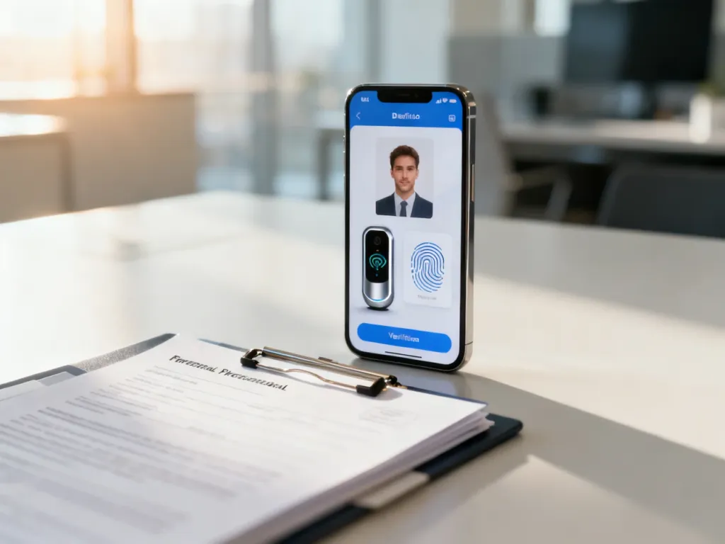 Smartfon z interfejsem weryfikacji tożsamości oraz dokumenty na biurku, symbolizujące proces wyrabiania dowodu online.