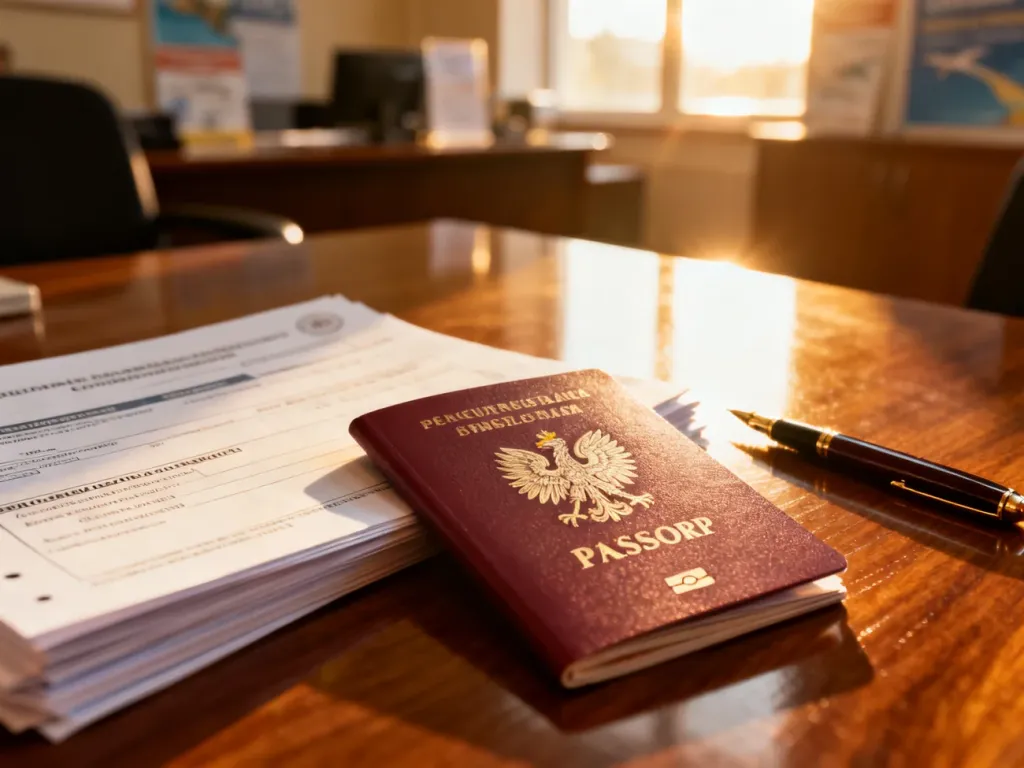 Polski paszport leżący na biurku obok dokumentów urzędowych i pióra, symbolizujący przygotowania do podróży.