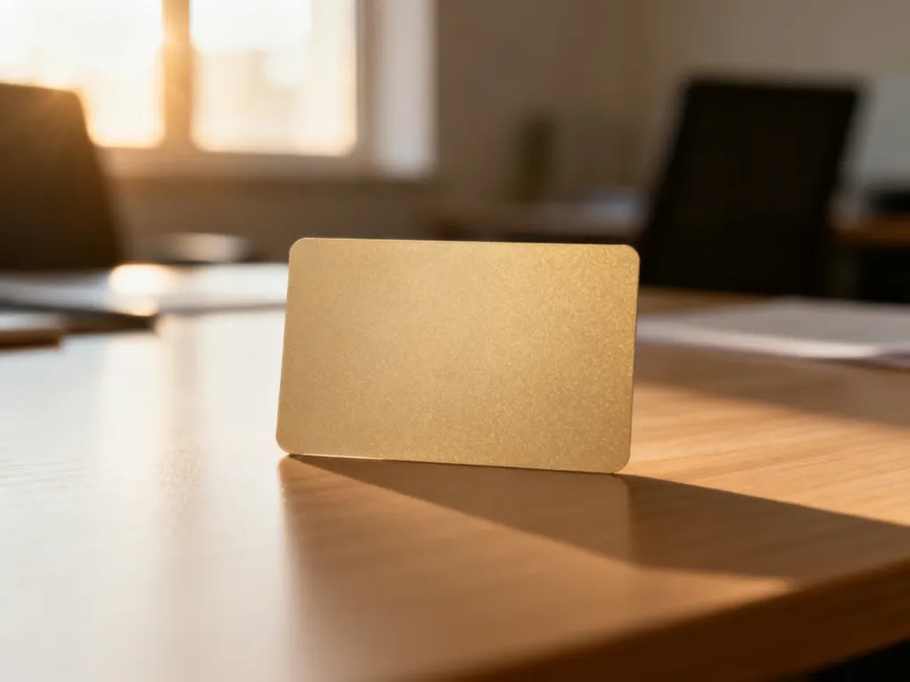 Pusta karta biometryczna leżąca na drewnianym biurku, symbolizująca proces wyrabiania nowego dowodu osobistego.